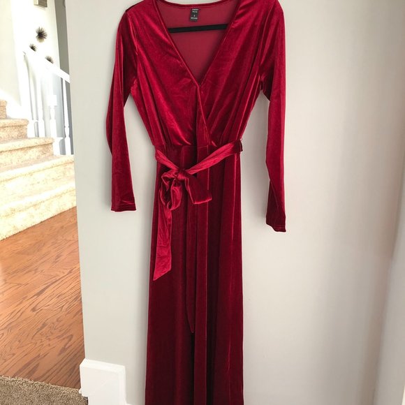 Long Sleeve Wrap V-neck Belted Velvet Burgundy Maxi Dress - Picture 2 of 9